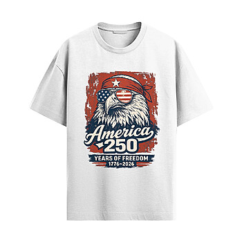 America 250 Shirt with vintage eagle wearing American flag sunglasses and bandana, celebrating 250 years of freedom from 1776 to 2026 in patriotic retro style