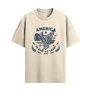 America Eagle Shirt with flying eagle graphic, distressed American flag background, and In God We Trust 1976 patriotic design