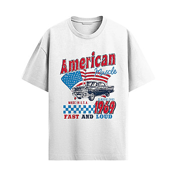 American Muscle 1969 Shirt with vintage classic car, American flag graphic, and fast and loud patriotic retro automotive design