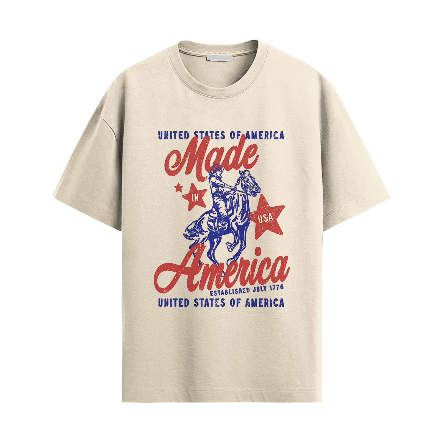 Made In America Shirt with vintage cowboy riding horse graphic, patriotic red white and blue typography, and United States of America established July 1776 design