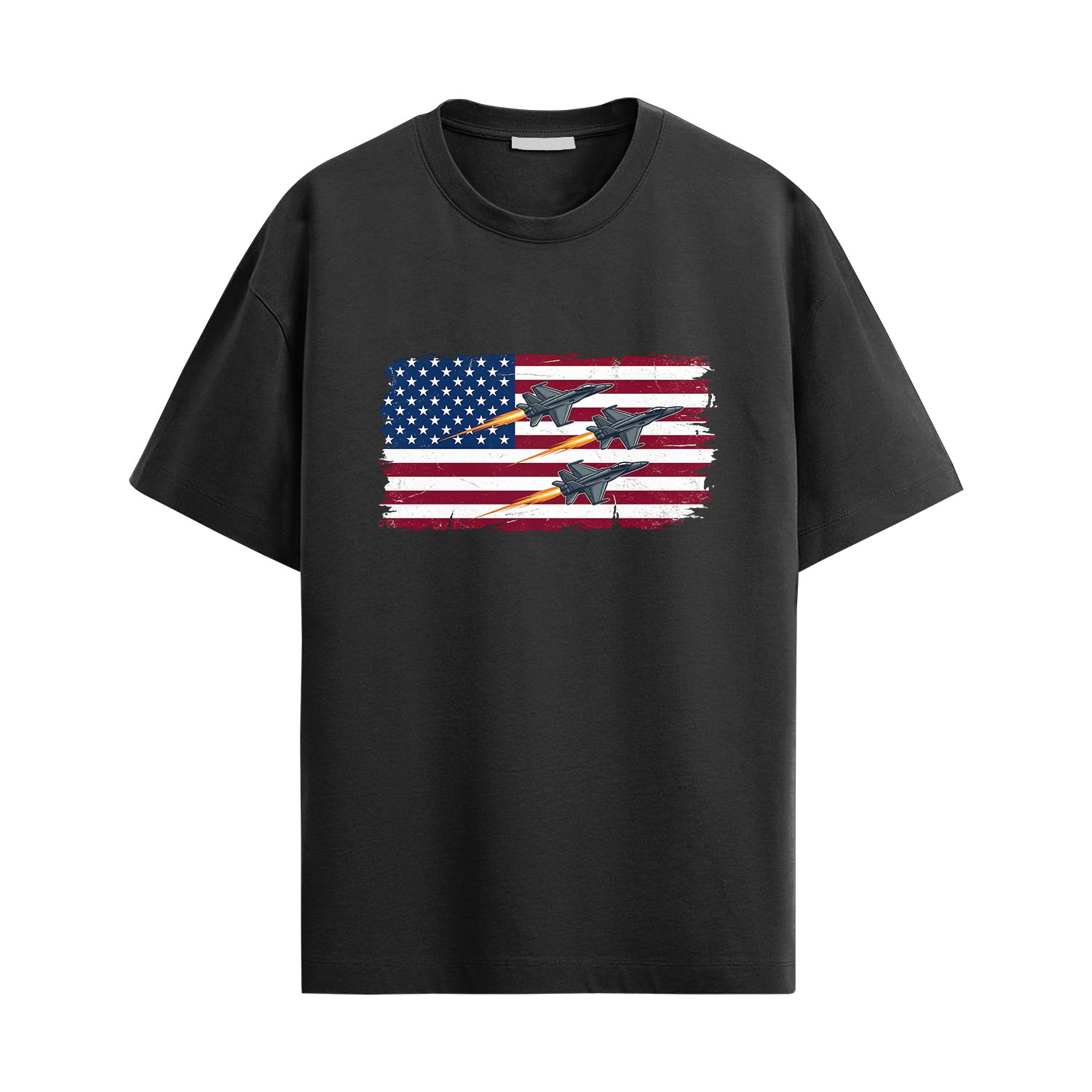 USAF Fighter Jets Flag Shirt with three fighter jets flying over distressed American flag graphic in patriotic military aviation style