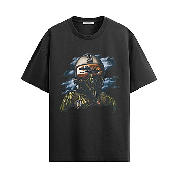 USAF Fighter Pilot Helmet Shirt with reflective visor showing jet aircraft and cloudy sky, detailed air force pilot gear design in military aviation style