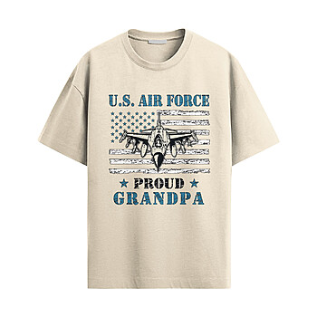 USAF Proud Grandpa Shirt with fighter jet graphic over American flag and bold U.S. Air Force Proud Grandpa text in patriotic military style