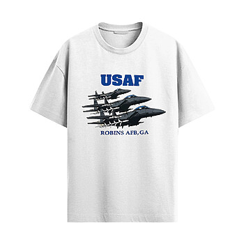 USAF Robins AFB Fighter Jets Shirt featuring multiple fighter jets with USAF text and Robins AFB GA lettering in vintage military aviation style