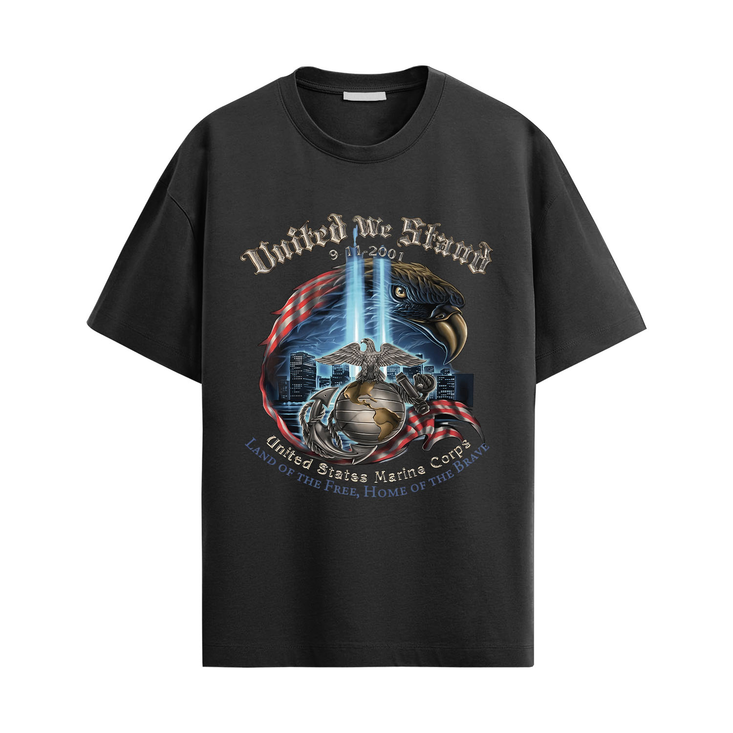 USMC Patriot Eagle Shirt with patriotic eagle graphic, memorial skyline, and Marine Corps design