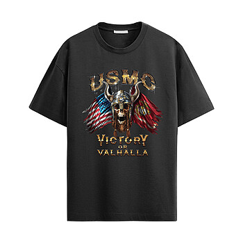 USMC Viking Skull Shirt with viking skull graphic, American flag, Marine Corps flag, and victory or valhalla design