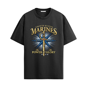 USMC Warrior Sword Shirt with United States Marines graphic, ceremonial sword, and power and glory design
