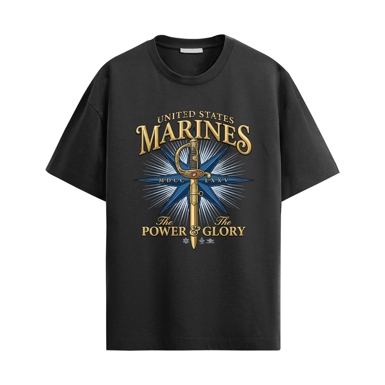 USMC Warrior Sword Shirt with United States Marines graphic, ceremonial sword, and power and glory design
