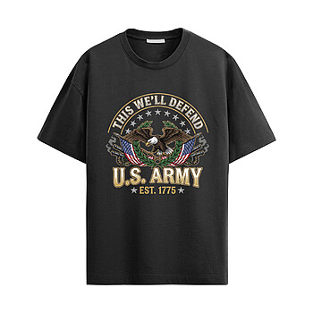 US Army 1775 Eagle Shirt with patriotic eagle graphic, American flags, and this we'll defend design