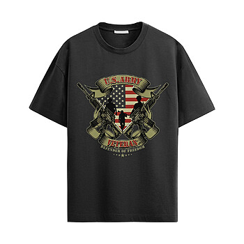 U.S. Army Veteran Shirt featuring soldiers with rifles, American flag background, and "Defender of Freedom" slogan in military vintage style
