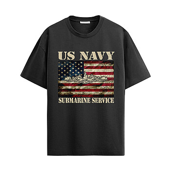 US Navy Submarine Badge Shirt with patriotic American flag graphic and submarine service insignia design