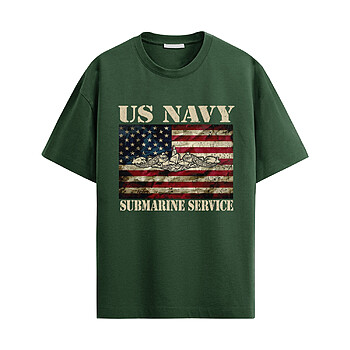 US Navy Submarine Badge Shirt with patriotic American flag graphic and submarine service insignia design