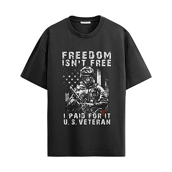 U.S. Veteran Soldier Shirt with armed soldier graphic, distressed American flag background, and Freedom Isn’t Free I Paid For It U.S. Veteran text in patriotic military style