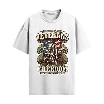 US Veterans Freedom Shirt with soldier graphic, American flag background, and freedom is not free we paid for it message in patriotic military tribute style
