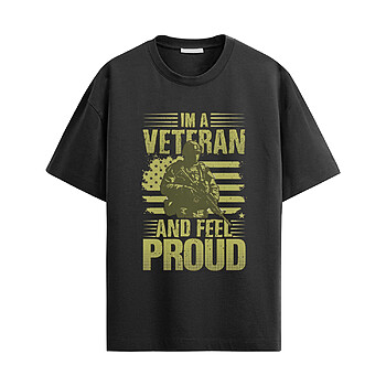 Veteran Pride Shirt with soldier silhouette, American flag graphic, and "I'm a Veteran and Feel Proud" slogan in military tribute style
