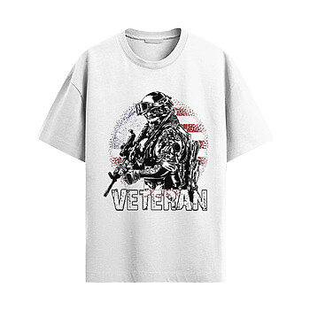Veteran Soldier Shirt with armed soldier graphic, distressed American flag background, and bold veteran text in patriotic military style
