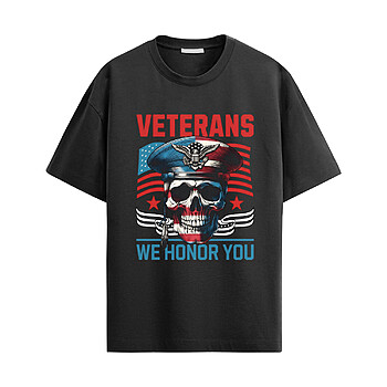 Veterans Honor Skull Shirt with military skull graphic, American flag design, and tribute to veterans with bold "We Honor You" text in red, white, and blue colors